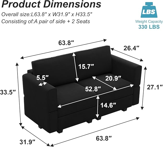 Belffin Modular Loveseat Sofa Couch with Storage Seats Velvet 2 Seater Love Seats for Small Spaces Black