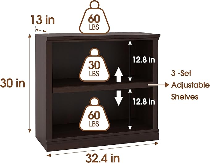 Bookcase, Open Storage Book Cases/Shelves, Floor Standing Indoor Furniture 2 Shelf Book case for Farmhouse Library Office Bedroom Kids, Dark Cherry - 2 Tier