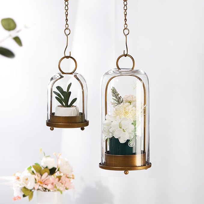 12" High Versatile Modern Metal Hurricane Lantern with Handmade Sturdy Glass Dome for 3" Pillar Candle & Plants (Brass, 5"x12")