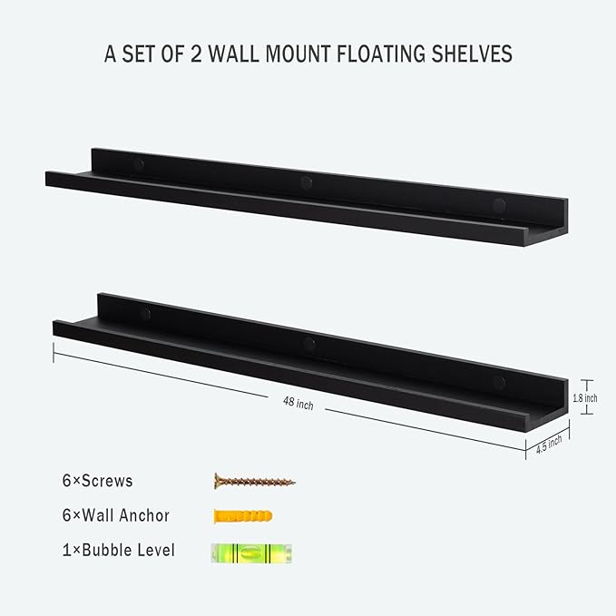AZSKY Picture Ledge Shelf, Floating Shelves Set of 2, 48 Inches Picture Shelves for Wall with Ledge, Long Shelf Wall Mounted for Living Room Bedroom Decor Books Photo Frames - Black
