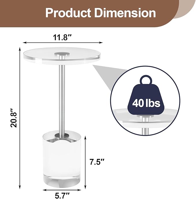 Acrylic End Table, Modern Minimalist Acrylic Side Tables, Clear Side Table for Living Room, Bedroom, Office, Drink Table (12" D x 12" W x 21" H, Silver)