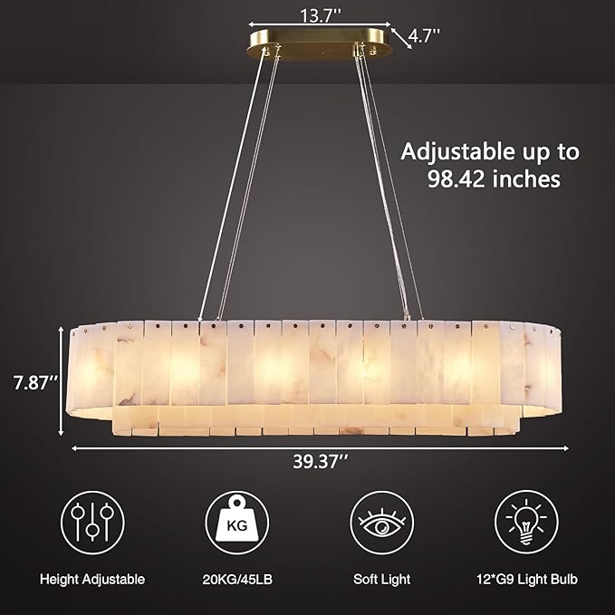 Alabaster Rectangular Chandelier for Dining Room, L39in Modern Chandeliers, Adjustable Marble Pendant Light Fixture, Rectangle Chandelier for Dining Table Living Room Kitchen Island (Bulbs INCL)