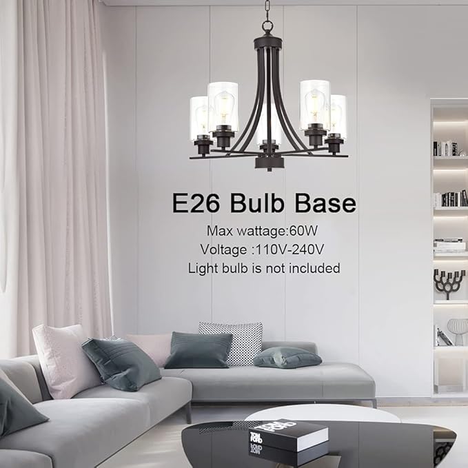 BONLICHT Rustic Kitchen Island 5-Light Oil-Rubbed Bronze Traditional Chandelier Industrial Vintage Pendant Lights Classic Glass Ceiling Lighting UL Listed