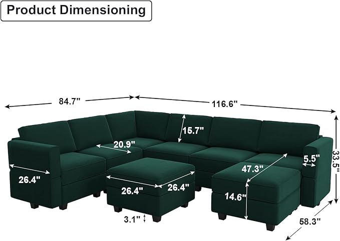 Belffin Modular Sectional Sofa with Storage Seat Oversized U Shaped Couch with Reversible Chaise Velvet Sofa Set with Ottoman Green