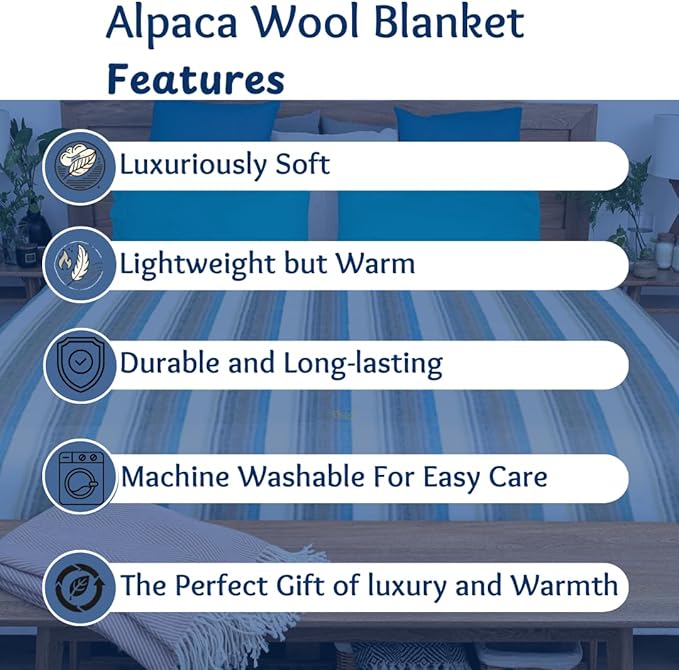 Alpaca Wool Throw Blanket | Super Soft, Lightweight, Breathable and Hypoallergenic | Non-Itchy or Scratchy (Blue White Varicolored, Queen (U.S. Standard))