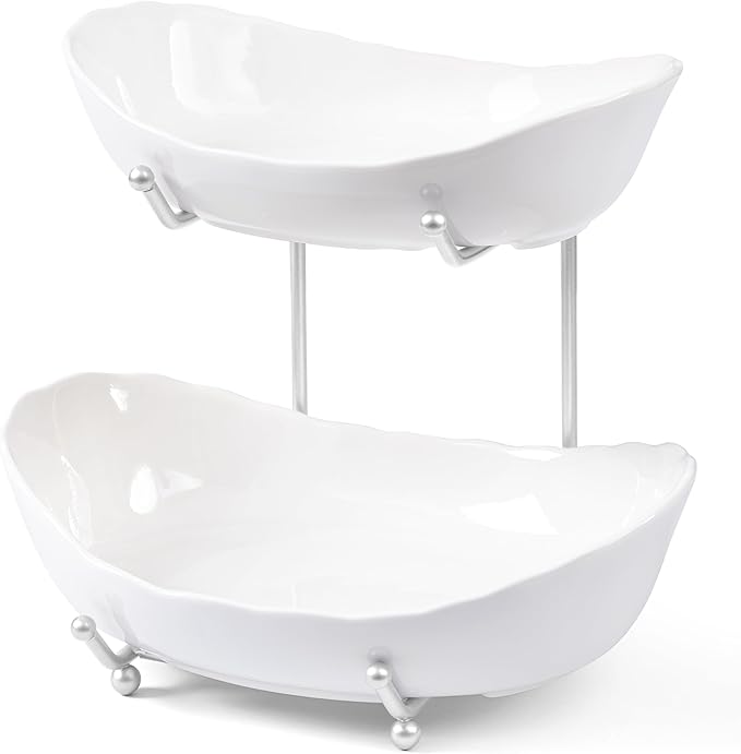 HBlife Fruit Bowl for Kitchen Counter - 2 Tier Ceramic Fruit Bowl with Metal Stand, Tiered Fruit Basket for Kitchen Counter, Serving Platters Serving Trays for Party