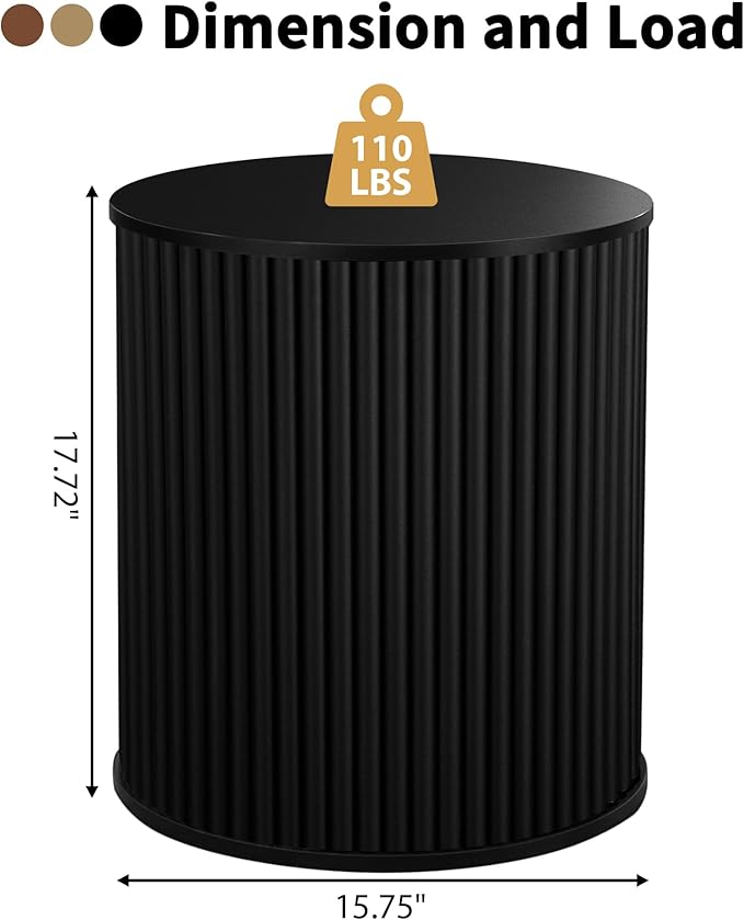 AVZEAR Small Round Side Table Fluted Night Stand Set of 2, Mid Century Modern End Table with Storage, Circle Bedside Tables Wood Nightstands for Small Spaces, Living Room, Bedroom (Black)