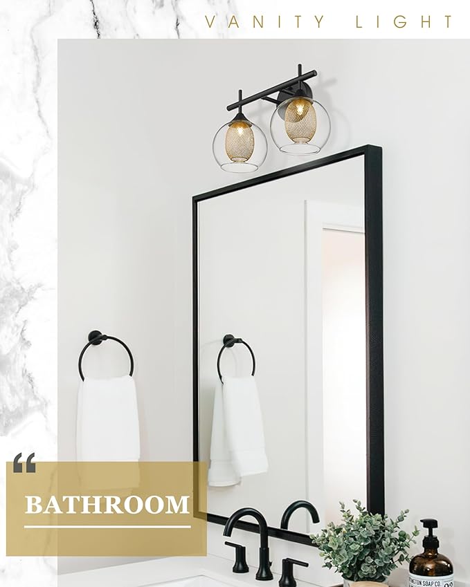 Black and Gold Bathroom Light Fixture, Farmhouse Wall Sconce Lighting with Clear Glass and Honeycomb Metal Shade, 2-Light Black Brass Vanity Light Over Mirror, AD-22001-2W-BK