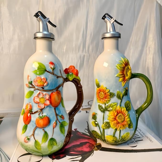 18.26oz/540ml Ceramics Olive Oil Dispenser Bottle,Hand Painted Reliefs Oil Dispenser for Kitchen,Oil Bottles for Kitchen (Sunflower)
