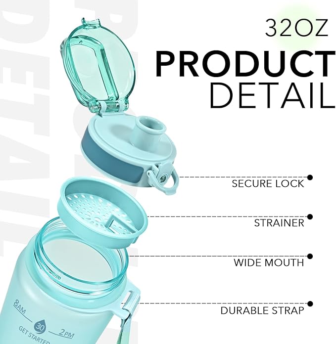 32oz Motivational Water Bottles with Time Marker & Fruit Strainer, Transparent Gradient Color Water Bottle with Times to Drink, Leakproof & BPA Free, Reusable Bottle with Strap (No Straw)