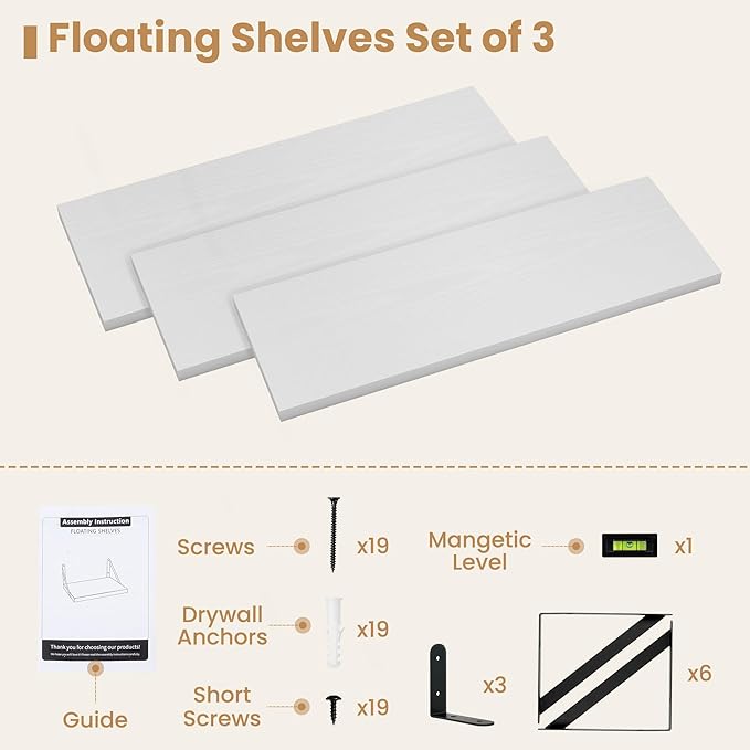 Heimlove 24 Inches White Floating Shelves,8 Inches Deep Wall Bookshelf Mounted Display&Storage Wood Wall Shelves for Kitchen Bathroom Laundry Living Room,Set of 3