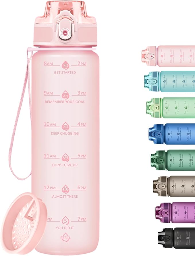 32oz Motivational Water Bottles with Time Marker & Fruit Strainer, Transparent Gradient Color Water Bottle with Times to Drink, Leakproof & BPA Free, Reusable Bottle with Strap (No Straw)