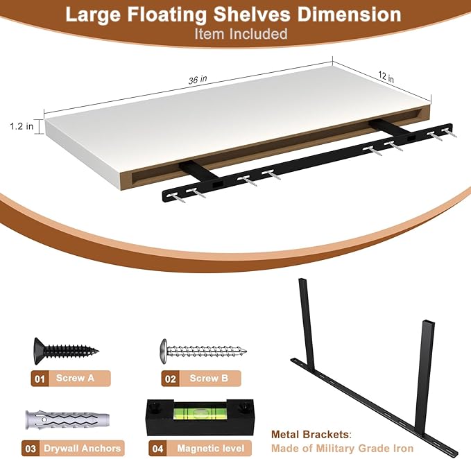12 Inch Deep Floating Shelves for Wall 3 Pack White Floating Shelves Large Storage Space Wall Mount Shelf for Living Room Kitchen Bathroom 36" W x 12" D x 1.2" H White