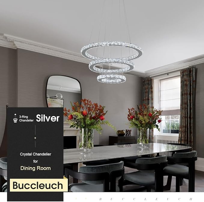 Buccleuch Modern Crystal Chandelier, Dimmable LED Pendant Light Fixture 3-Ring Adjustable Stainless Steel Ceiling Light, Silver Crystal Chandeliers for Dining Room, Bedroom, Living Room - ETL Listed