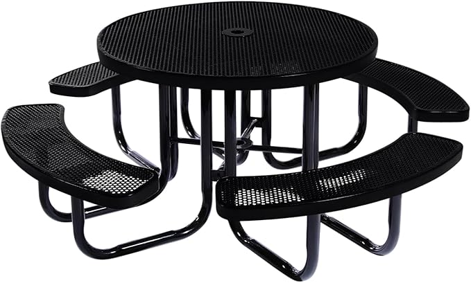 Heavy-Duty Portable Outdoor Picnic Table with Umbrella Hole, Punched Steel Commercial-Grade Patio Dining Furniture Made in America (46" Round Top, Black)