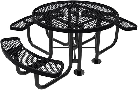 Heavy-Duty Portable Outdoor Picnic Table with Umbrella Hole, Expanded Metal Patio Dining Furniture Made in America (46" Round Top, Black)