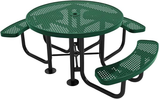Heavy-Duty Portable Outdoor Picnic Table with Umbrella Hole, Punched Steel Patio Dining Furniture Made in America (46" Round Top, Textured Green)