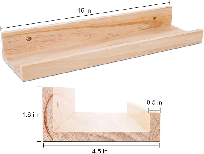 AZSKY Picture Ledge Shelf, Small Floating Shelves Set of 2, 16 Inches Nursery Book Shelves for Toys Storage, Kids Bookshelf Wall Mounted for Living Room Bedroom Decor Books Photo Frames,Natural