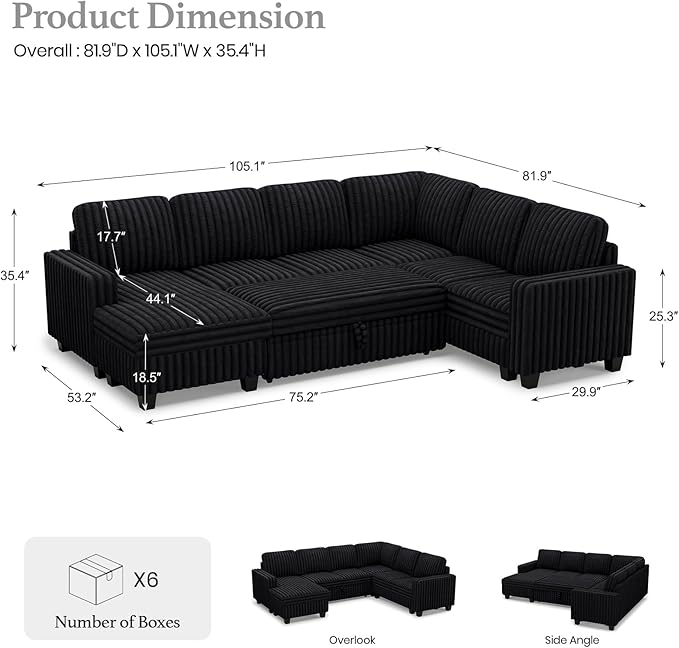 Belffin Corduroy Sleeper Sofa Bed with Storage Chaise Modular Sectional Sofa Couch with Pull Out Bed L Shaped Sectional Couches for Living Room Black Couch