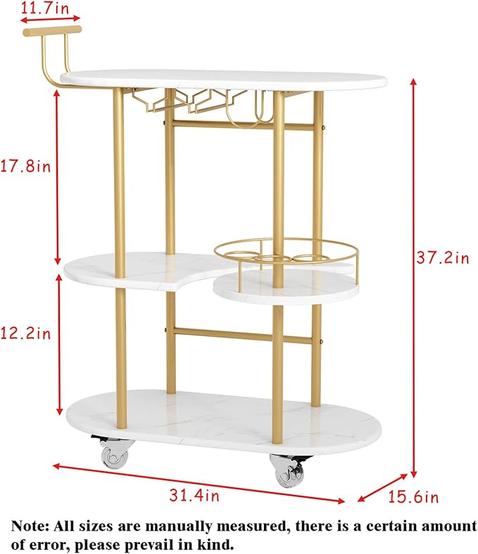 3 Tier Gold Bar Carts for Home Bar Serving Cart with Wheels, Heavy Duty Bar Wine Cart with Storage Shelves, for The Living Room, Kitchen, Bar, Party