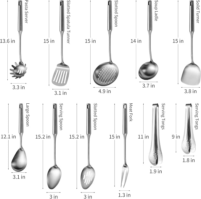 304 Stainlss Steel Kitchen Utensils Set, 11 Pcs Long Metal Cooking Utensil Gadgets Tools Set with Spatula, Ladle, Spoon, Ladle, Skimmer, Tunner, Pasta Server, Tongs(Silver, Dishwasher Safe)