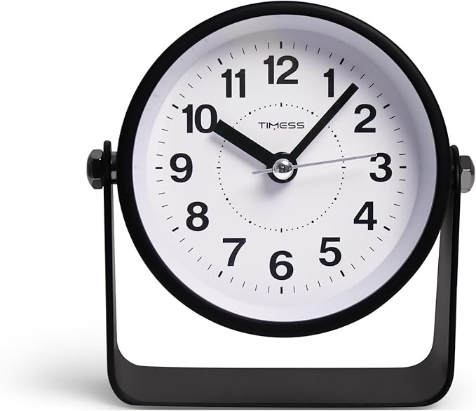 Analog Alarm Clock, Silent Non-Ticking Quartz Movement, Battery-Operated with Snooze & On-Demand Light, Easy to Set Gentle Wake Bedside Desk Clock, Ideal for Home, Travel, Office (Black)