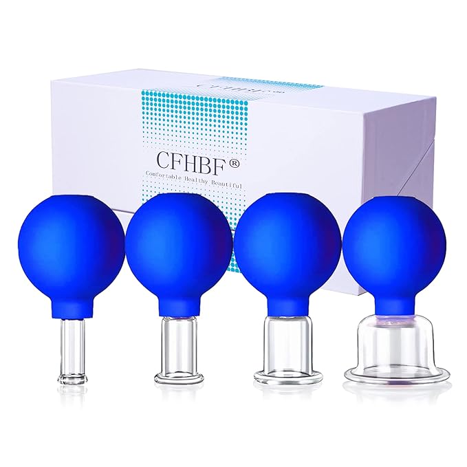 4 Size Facial Cupping Therapy Set Glass, Eye Face Vacuum Massage Anti Cellulite Cup - Silicone Cupping Massage Therapy, for Beauty Body Cup Fascia Massager (Gift Box Packaging-Blue)