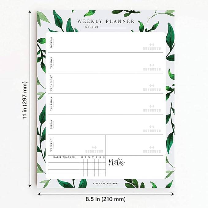 Bliss Collections Weekly Planning Pad, Desk Calendar - Greenery - Undated Tear-Off Sheets Notepad - Calendar, Organizer, Scheduler for Goals, Tasks, Ideas, Notes & To-Do Lists - 8.5" x 11", 50 Sheets