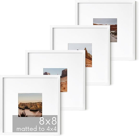 HAUS AND HUES 8x8 White Metal Picture Frames Matted to 4x4 - Features Premium Aluminum, Shatterproof Plexiglass - Ideal for Home, Room, Office (8x8 in, White, Set of 4)