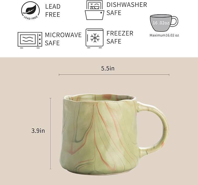 Abstract Art Ceramic Coffee Mugs Set - 2 Pack, Mint Green with Red and White Accents, Handcrafted Design for Modern Kitchen or Office