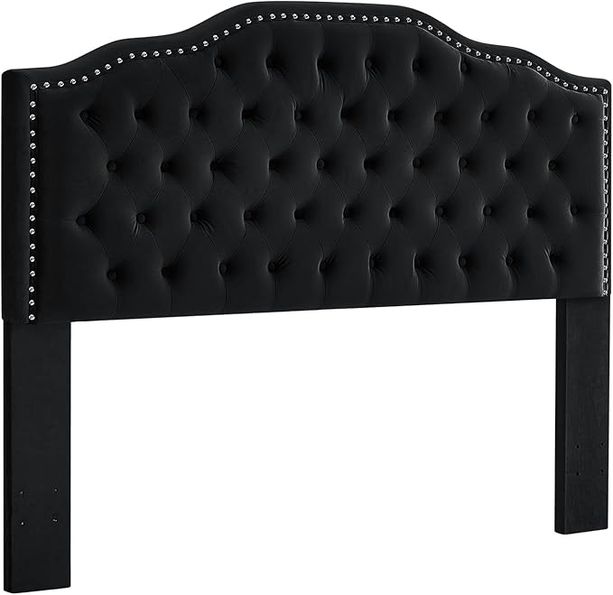 24KF Upholstered Button Tufted Queen Size Full Size Headboard with Nailhead Trim, Soft Velvet Fabric Headboard Queen/Full Size Headboad-Black