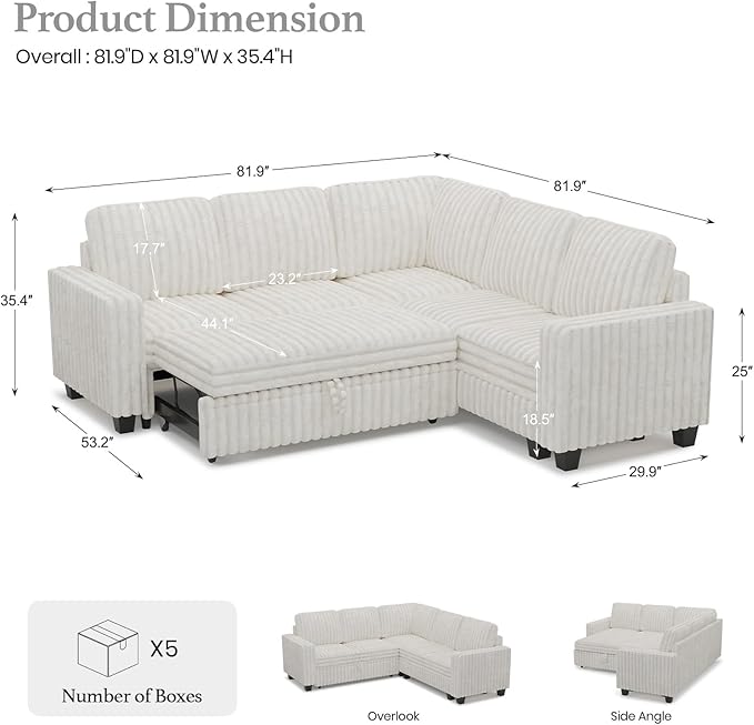 Belffin Plush Corduroy Modular Sectional Sofa with Pull Out Bed Convertible Small Sectional Corner Couch for Living Room White Couch