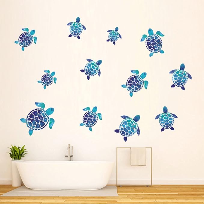 12pcs Sea Turtle Vinyl Stickers Underwater Ocean Decals Waterproof Wall Sticker Home and Bedroom Decoration, DIY Accessories, Blue