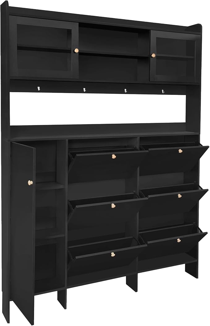 Ball & Cast Tipping Bucket 3-Tier Shoe Cabinet with 6 Flip Drawers and Storage Shelf,Entryway Hall Tree with Tempered Glass Doors and 4 Hooks,for Hallway,Mudroom,Living Room,Black