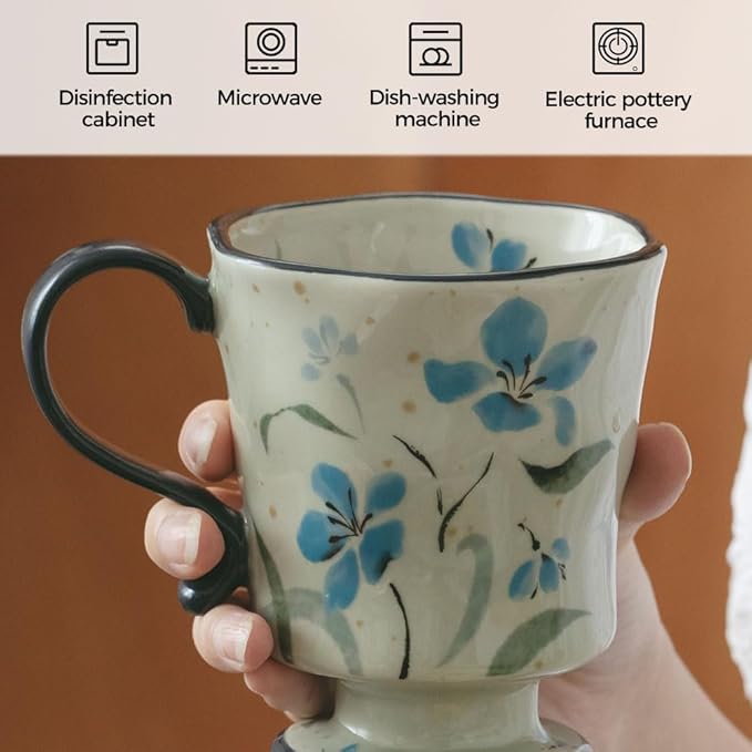 360ml -12.17oz Painted Forget-Me-Not Floral Ceramic Mug - Cute Coffee Cup for Latte, Espresso - Gift for Women, Dishwasher Safe
