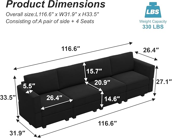 Belffin Modular Sofa Couch with Storage Seats Sectional Sofa Velvet Sofas for Living Room Black