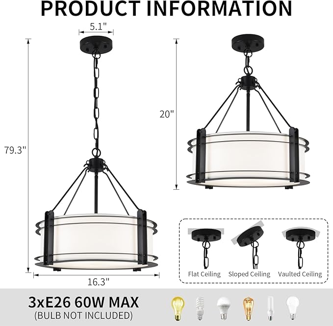 16.3''Black Drum Chandelier 3-Light Modern Farmhouse Chandelier with White Fabric Shade Adjustable Drum Pendant Light Fixture for Dining Room Kitchen Island Hallway Living Bedroom