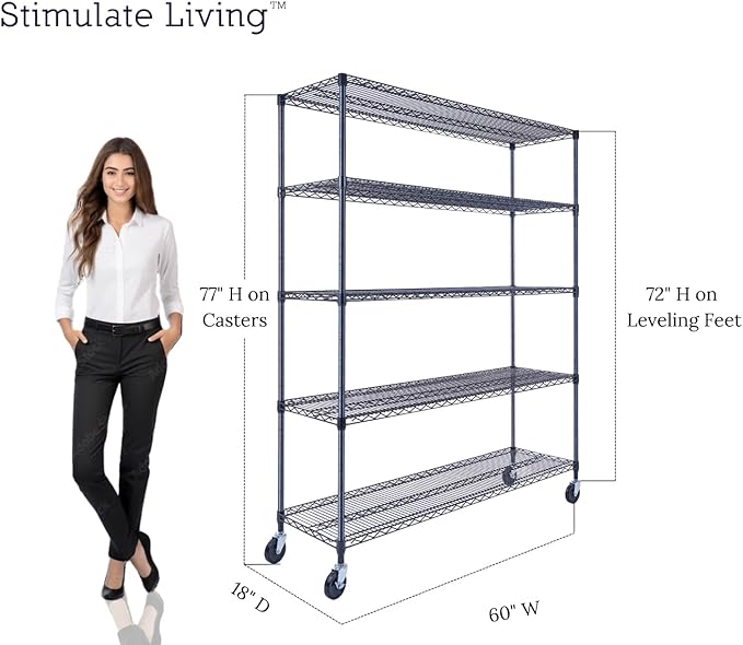 60"x18"x72" Prime Heavy Duty Black 5-Tier Wire Shelving NSF 4000 LBS MAX Capacity Storage Rack for Commercial, Hospital, School, Garage, and Kitchen Uses (with Wheels)
