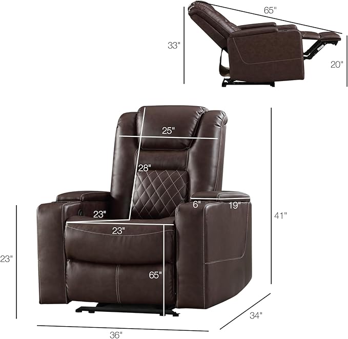 CANMOV Electric Power Recliner Chair with USB Ports and Cup Holders, Breathable Leather Home Theater Seating with Hidden Arm Storage (Red Brown)