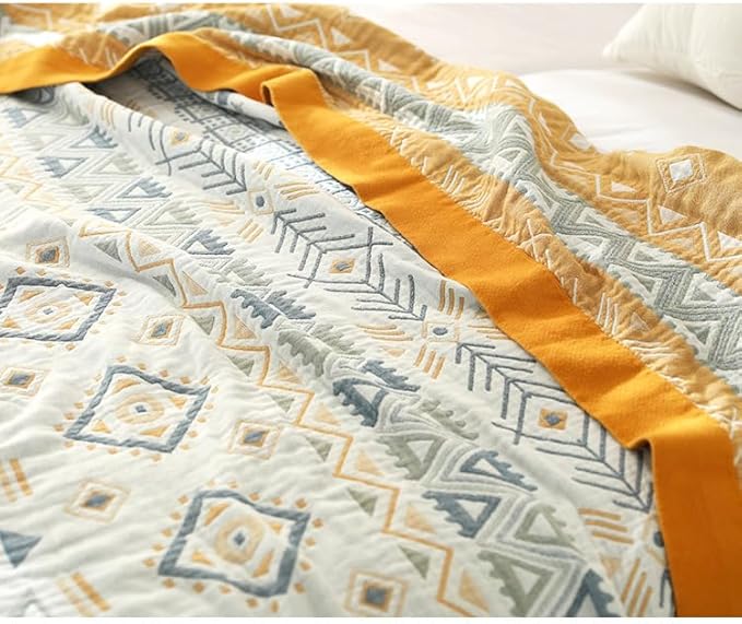 Boho Muslin Blanket for Adults 4-Layer Gauze 80 x 90 Inches Soft Cozy 100% Cotton Cooling Blanket Geometric Farmhouse Decor for Sofa Bed Coverlet Both Sides (Boho-G-Yellow, 80 x 90 in)