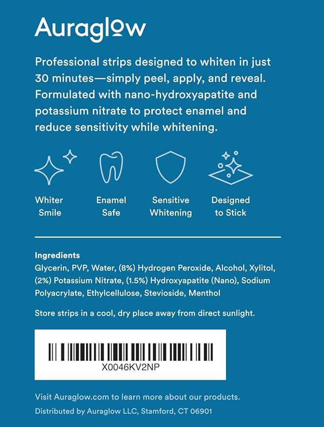 Auraglow Teeth Whitening Strips, Sensitive Whitening Strips, 14 Whitening Treatments, 8% Hydrogen Peroxide with Nano Hydroxyapatite (nHAp) to Reduce Sensitivity and Protect Enamel, 28 Strips, Mint