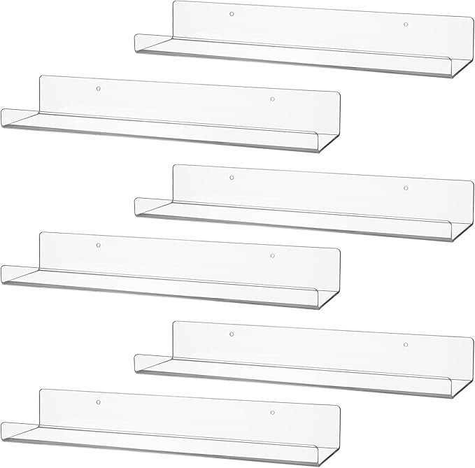 6 Pack Clear Acrylic Floating Shelves for Wall, 15'' Plastic Wall Mounted Display Shelf Kids Bookshelf and Spice Organizer for Bedroom, Living Room, Kitchen, Bathroom, Office