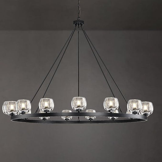 Black Wagon Wheel Chandelier, 59 Inch Black Chandeliers with Unique Glass Shade, 15-Light Crystal Large Wagon Wheel Chandeliers for Dining Room, High Ceiling Round Chandelier for Living Room, Foyer