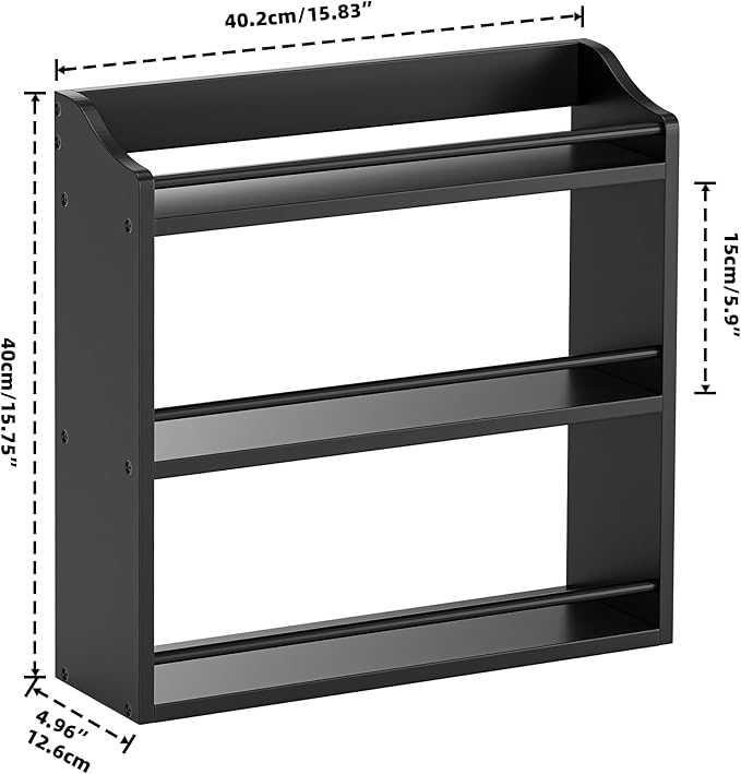 Bamboo Spice Rack Wall Mount or Tabletop Holder, 3-Tier Shelf for Seasoning Bottles Organizer, Medicine Holder (Black)
