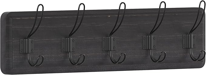 HBCY Creations Blackwash Solid Wood Wall Mounted Coat Rack with Shelf, 5 Hooks, 24" Long - Kitchen, Mudroom, Entryway, Bathroom - Includes Mounting Hardware, Coat Hanger, Dog Leash Hooks, Towel Rack
