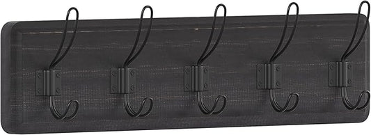 HBCY Creations Blackwash Solid Wood Wall Mounted Coat Rack with Shelf, 5 Hooks, 24" Long - Kitchen, Mudroom, Entryway, Bathroom - Includes Mounting Hardware, Coat Hanger, Dog Leash Hooks, Towel Rack