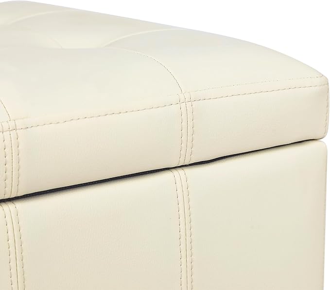 Adeco Faux Leather Storage Ottoman with Hinged Lid, 17.5 Inch High Cream White Square Cube Foot Stool with Storage, Upholstered Vanity Stool with Solid Wood Legs for Living Room, Bedroom, Dorm