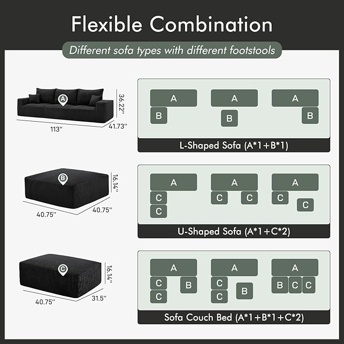 Boneless Sectional Cloud Couch Sofa for Living Room, 112" U-Shaped Modular Modern Lounge Sleeper Black Couches with Chaise, No Assemble, Cordury Compression Upholstered Sofas