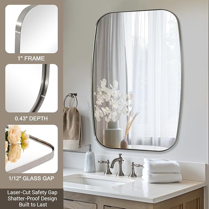 ANDY STAR Brushed Nickel Mirror, 28x36 Inch Stainless Steel Metal Frame Oblong Bathroom Mirror for Vanity, 1’’ Deep Wall Mounted Vertically/Horizontal