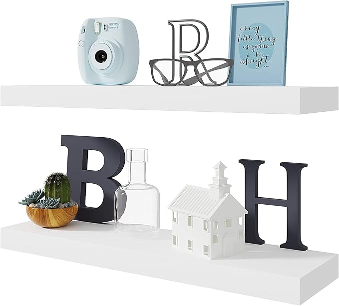 BAMEOS Floating Shelf,Wall Shelf,Decor Wall Mounted Shelves,Hanging Shelf Set L24xW6 for Bathroom Kitchen Living,Kitchen,Room Bedroom Storage,White